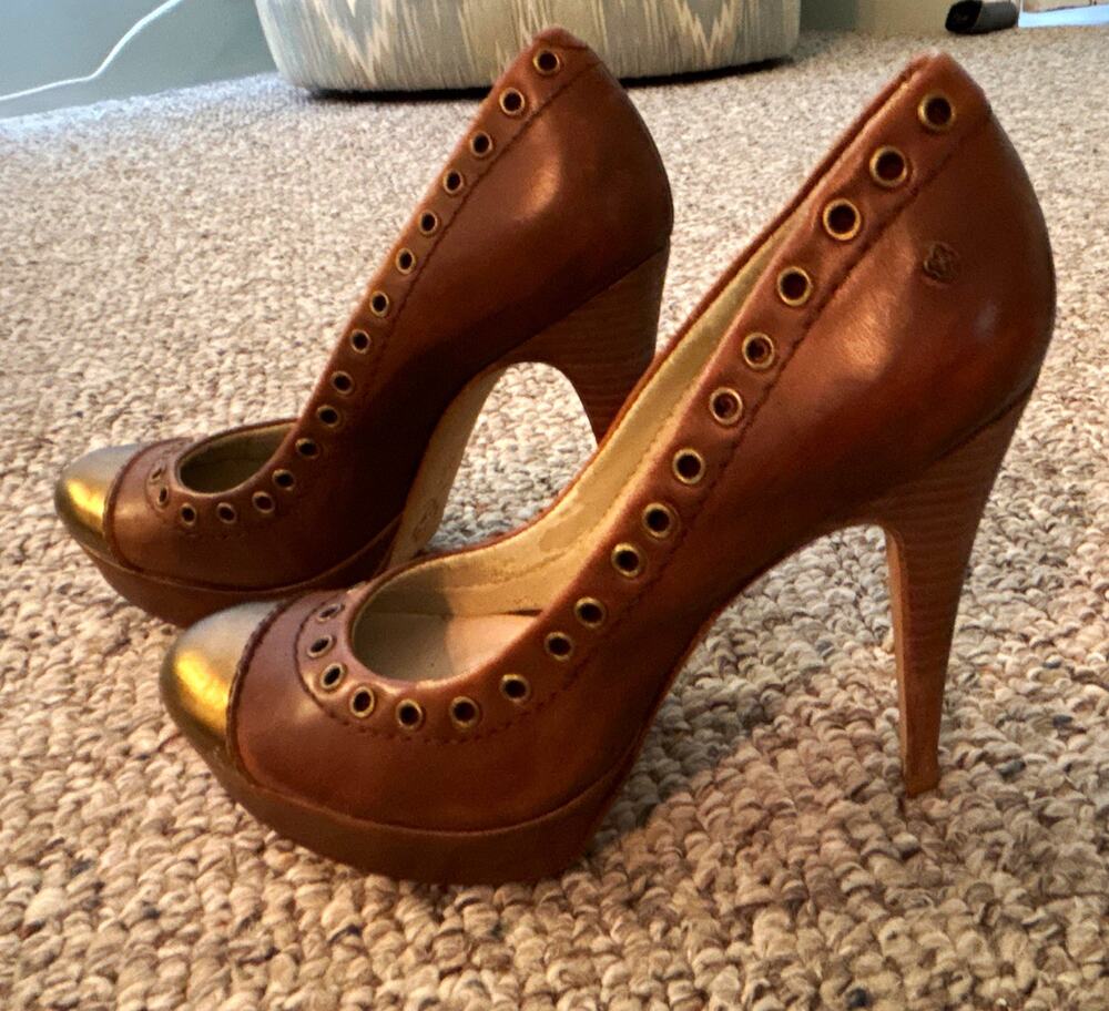 Capodarte Women's Leather Pump Platform Slip-On Brown/Gold Metallic Eyelet 6